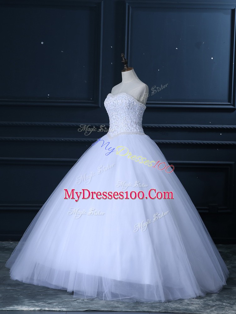 Sleeveless Lace Up Floor Length Beading and Lace Wedding Dress