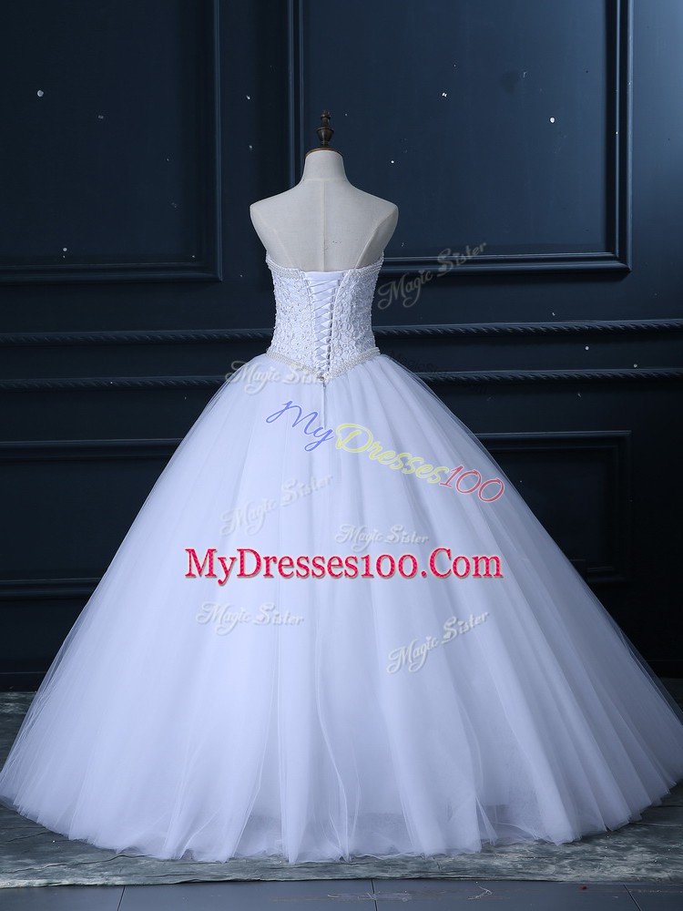 Sleeveless Lace Up Floor Length Beading and Lace Wedding Dress