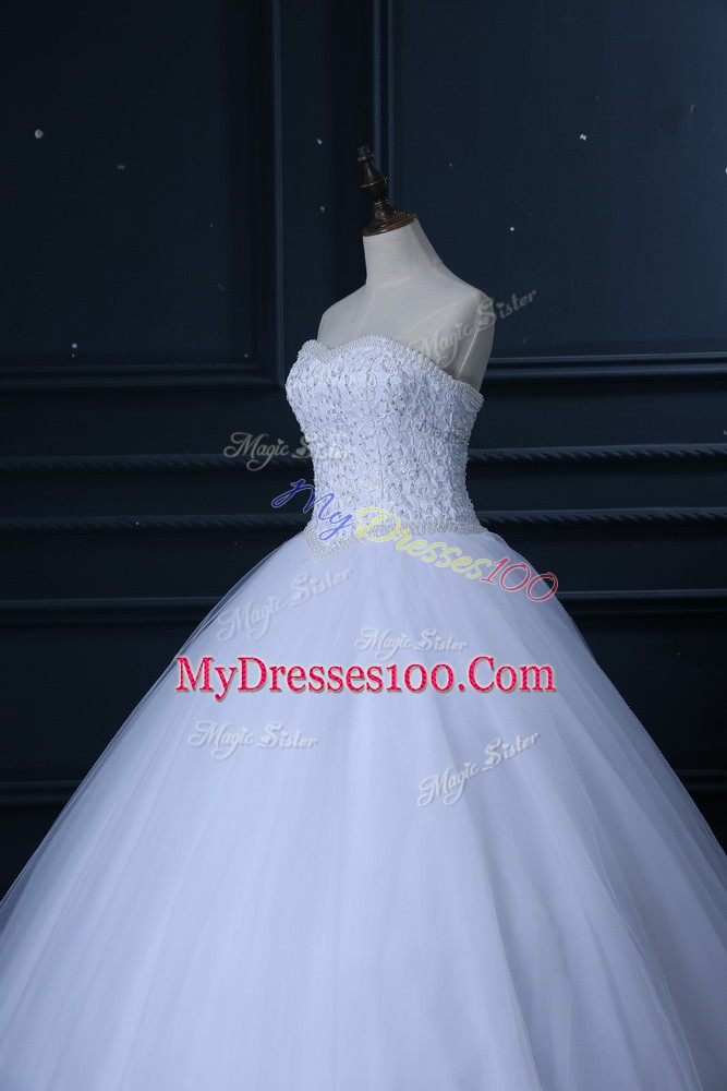 Sleeveless Lace Up Floor Length Beading and Lace Wedding Dress