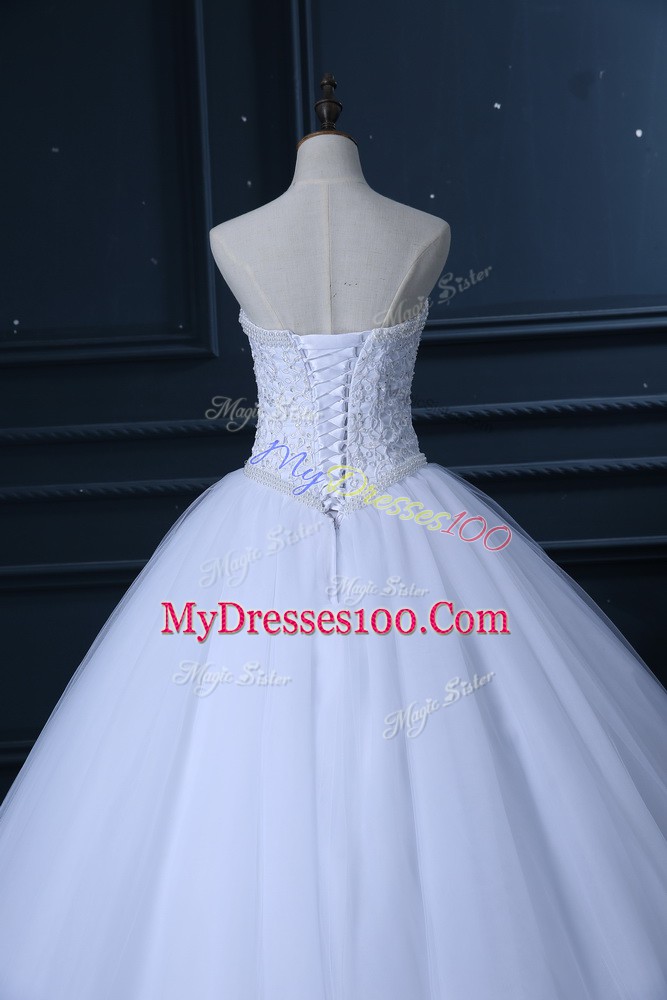 Sleeveless Lace Up Floor Length Beading and Lace Wedding Dress