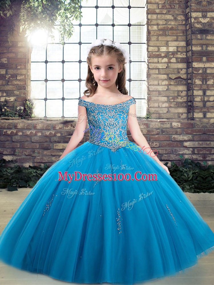 Custom Design Floor Length Baby Blue Pageant Gowns For Girls Off The Shoulder Sleeveless Lace Up
