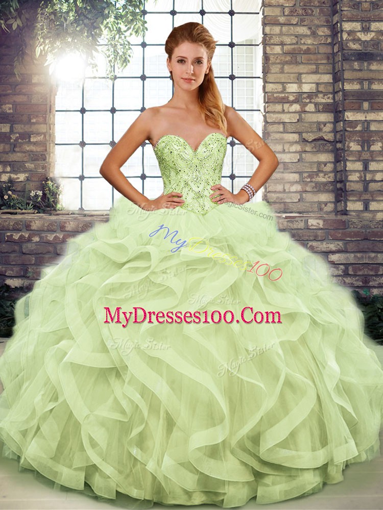 Yellow Green Sleeveless Tulle Lace Up Ball Gown Prom Dress for Military Ball and Sweet 16 and Quinceanera
