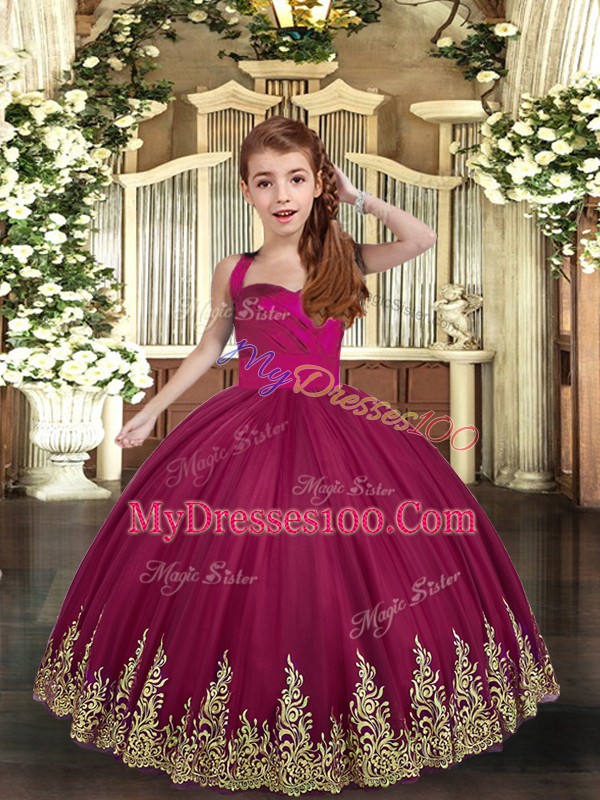 Straps Sleeveless Lace Up Kids Formal Wear Burgundy Tulle