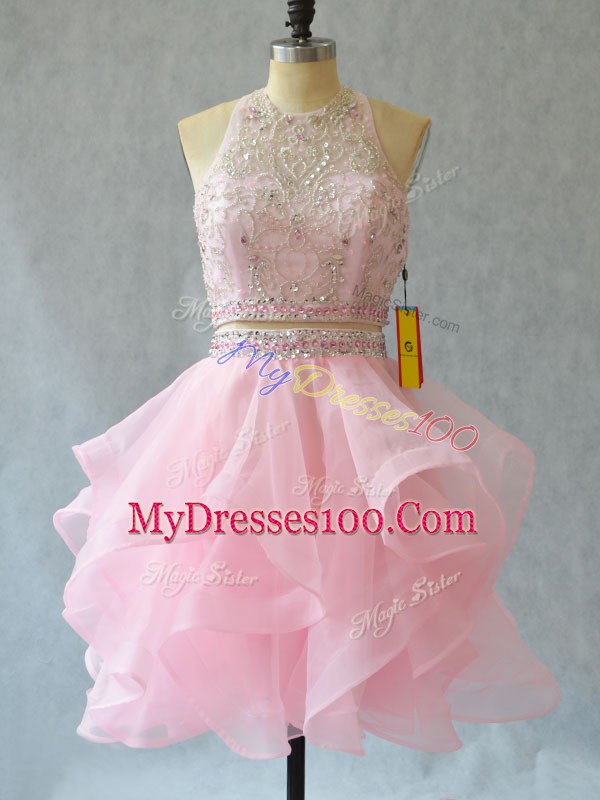 Halter Top Sleeveless Prom Dress Mini Length Beading and Ruffles Baby Pink Tulle