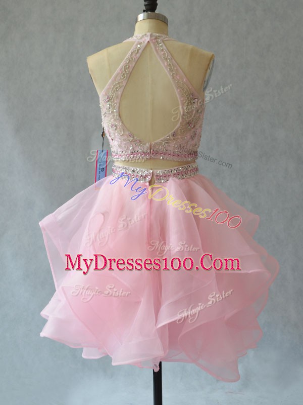 Halter Top Sleeveless Prom Dress Mini Length Beading and Ruffles Baby Pink Tulle