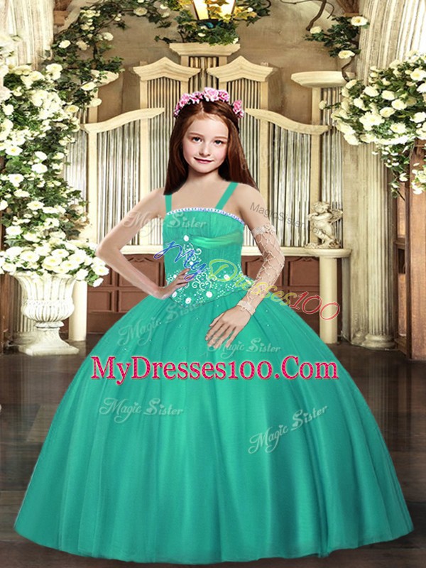 Turquoise Ball Gowns Tulle Straps Sleeveless Beading Floor Length Lace Up Little Girl Pageant Gowns