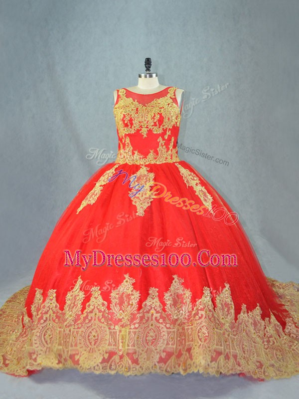 Pretty Ball Gowns Sleeveless Red Sweet 16 Dress Court Train Lace Up