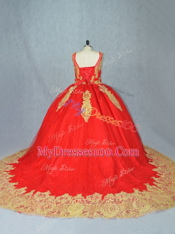 Pretty Ball Gowns Sleeveless Red Sweet 16 Dress Court Train Lace Up