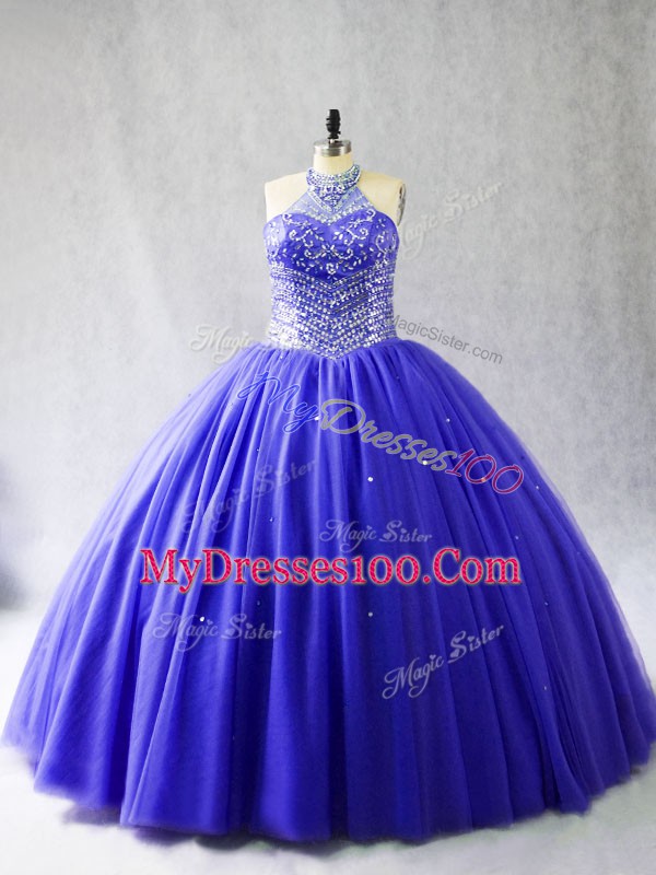 Blue Tulle Lace Up 15 Quinceanera Dress Sleeveless Brush Train Beading