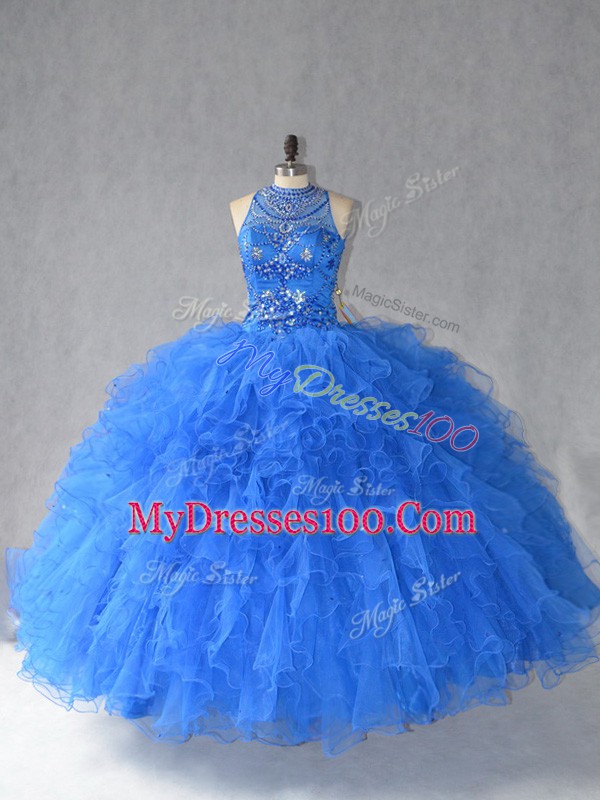 Fitting Royal Blue Tulle Lace Up 15 Quinceanera Dress Sleeveless Floor Length Beading and Ruffles