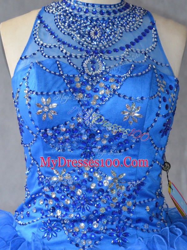 Fitting Royal Blue Tulle Lace Up 15 Quinceanera Dress Sleeveless Floor Length Beading and Ruffles