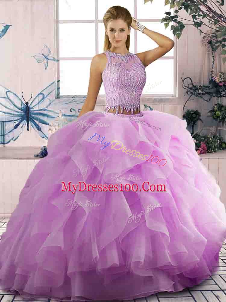 Dynamic Lilac Two Pieces Beading and Ruffles Quinceanera Dress Lace Up Tulle Sleeveless Floor Length