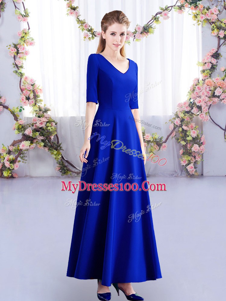 Romantic Royal Blue Half Sleeves Ruching Ankle Length Wedding Party Dress