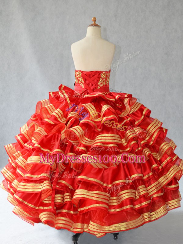 Red Sleeveless Floor Length Embroidery and Ruffled Layers Lace Up Child Pageant Dress