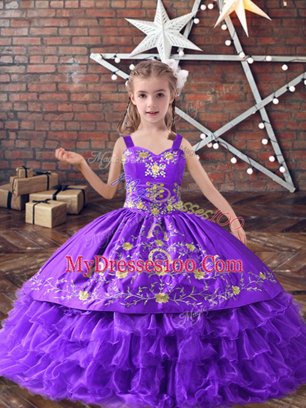 Ball Gowns Little Girls Pageant Dress Lavender Straps Satin and Organza Sleeveless Floor Length Lace Up