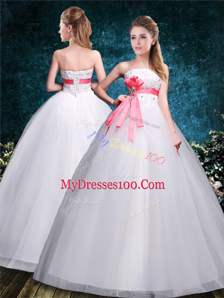 Best Selling Appliques and Belt Bridal Gown White Lace Up Sleeveless Floor Length
