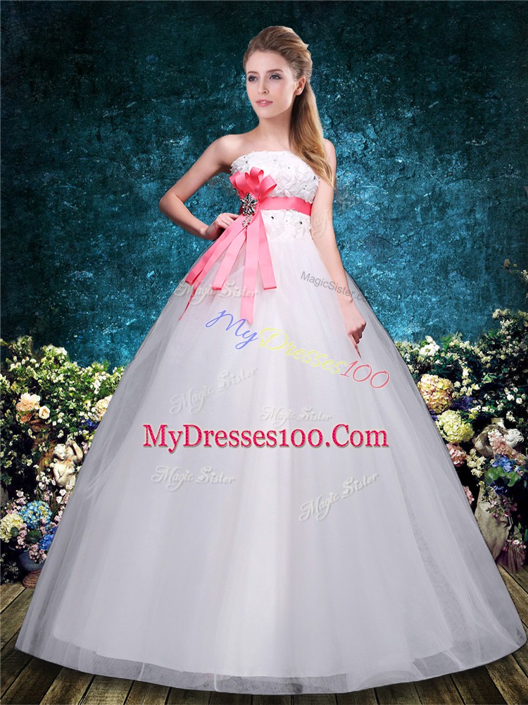 Best Selling Appliques and Belt Bridal Gown White Lace Up Sleeveless Floor Length