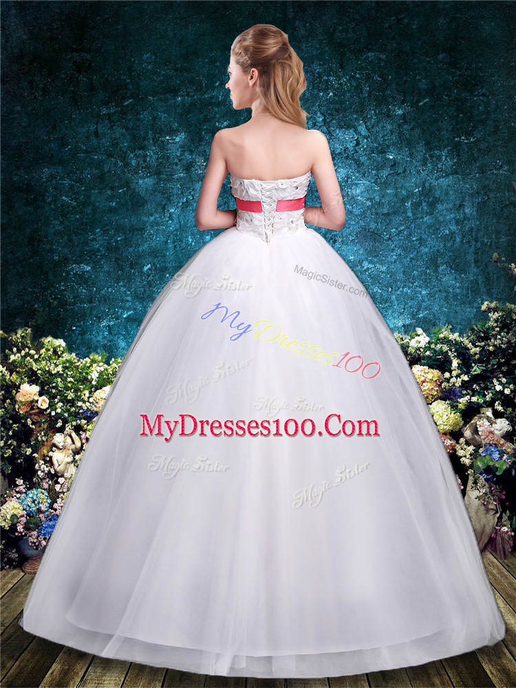 Best Selling Appliques and Belt Bridal Gown White Lace Up Sleeveless Floor Length