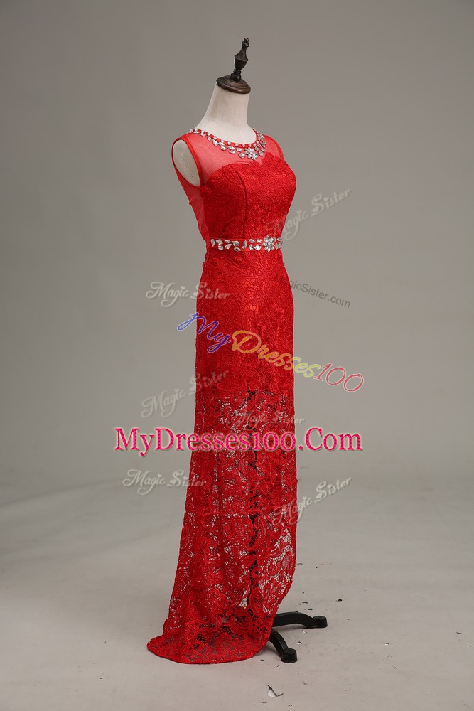 Romantic Column/Sheath Evening Wear Red Scoop Lace Sleeveless Floor Length Zipper