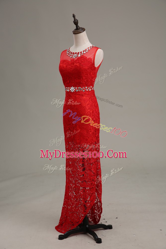 Romantic Column/Sheath Evening Wear Red Scoop Lace Sleeveless Floor Length Zipper