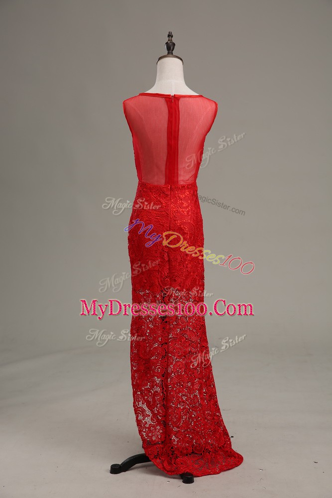 Romantic Column/Sheath Evening Wear Red Scoop Lace Sleeveless Floor Length Zipper