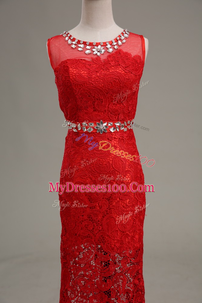 Romantic Column/Sheath Evening Wear Red Scoop Lace Sleeveless Floor Length Zipper