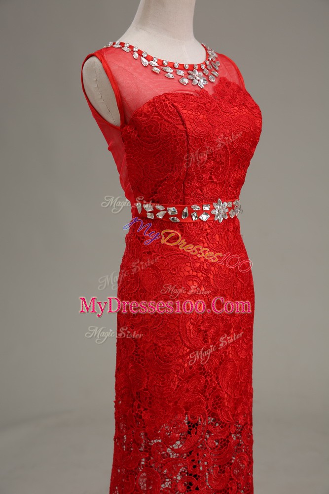 Romantic Column/Sheath Evening Wear Red Scoop Lace Sleeveless Floor Length Zipper