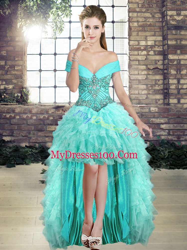 Aqua Blue Lace Up Off The Shoulder Beading and Ruffles Organza Sleeveless