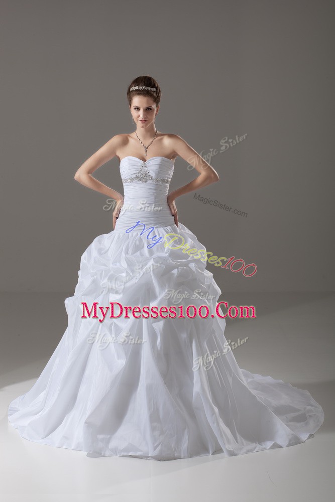Sleeveless Taffeta Brush Train Lace Up Wedding Dresses in White with Beading and Pick Ups