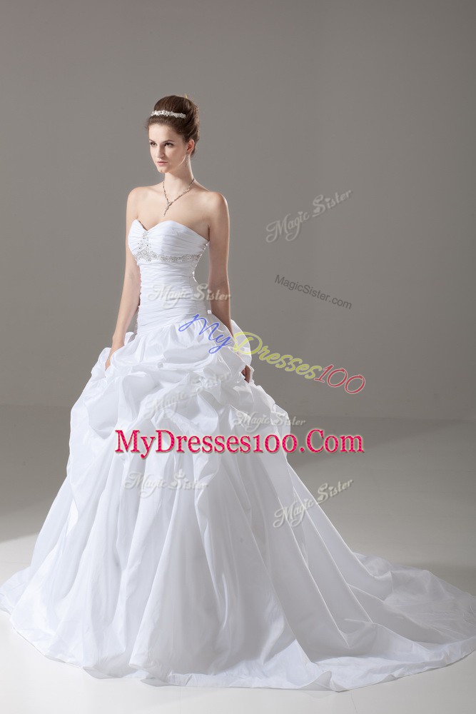 Sleeveless Taffeta Brush Train Lace Up Wedding Dresses in White with Beading and Pick Ups