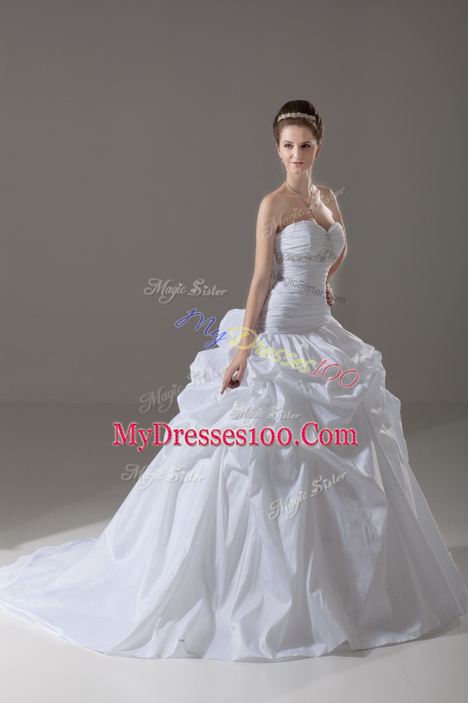 Sleeveless Taffeta Brush Train Lace Up Wedding Dresses in White with Beading and Pick Ups