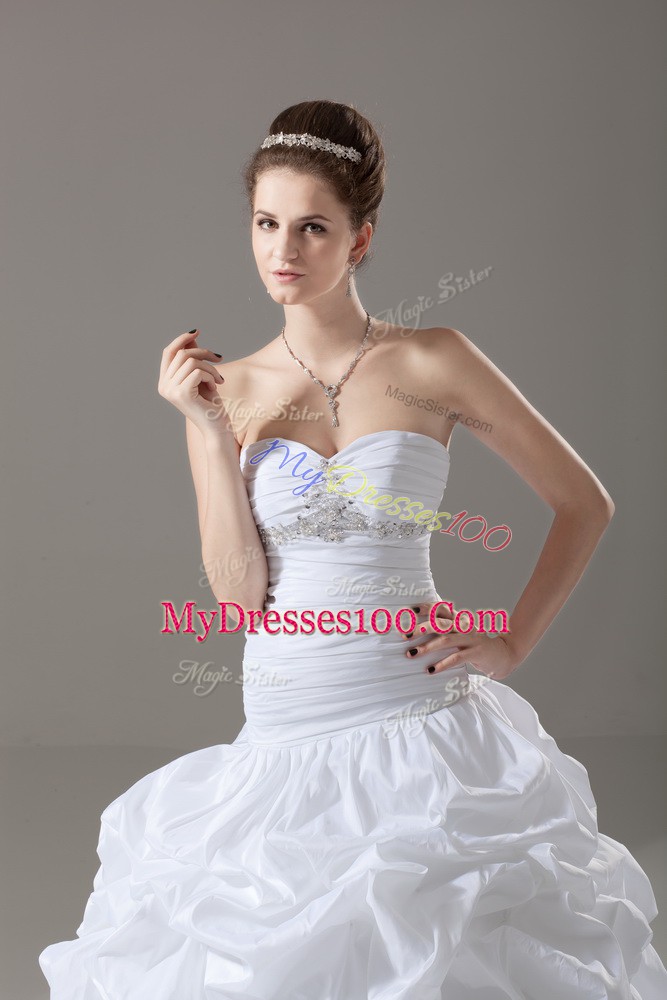 Sleeveless Taffeta Brush Train Lace Up Wedding Dresses in White with Beading and Pick Ups