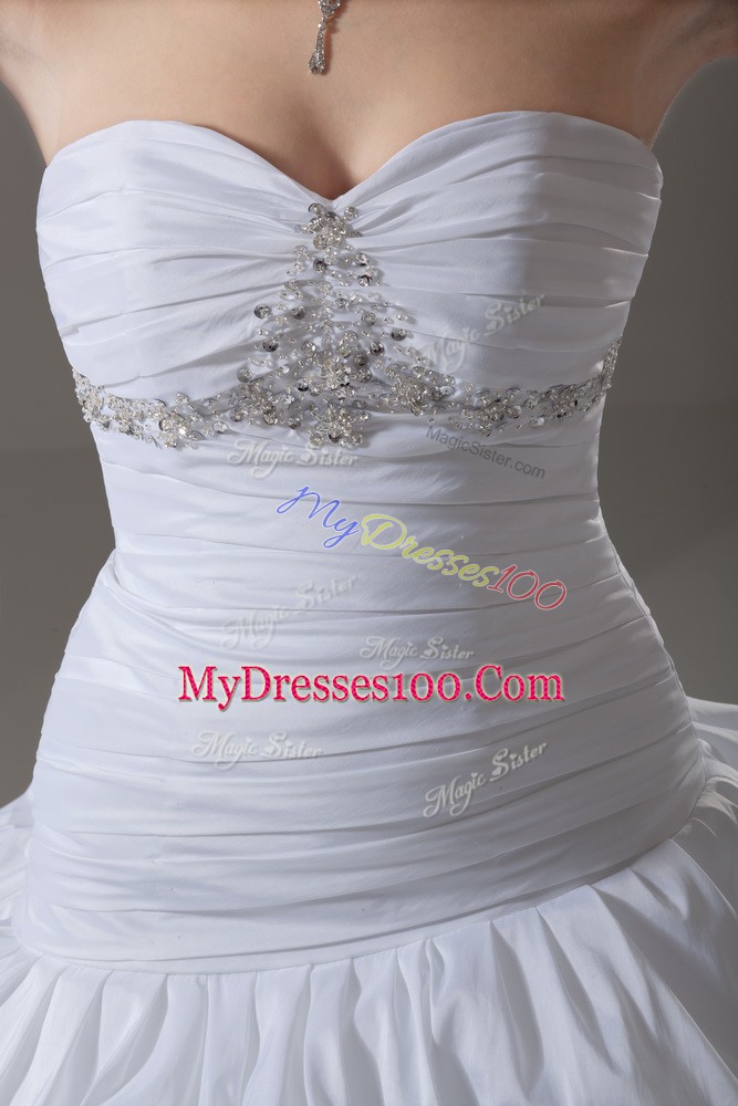 Sleeveless Taffeta Brush Train Lace Up Wedding Dresses in White with Beading and Pick Ups