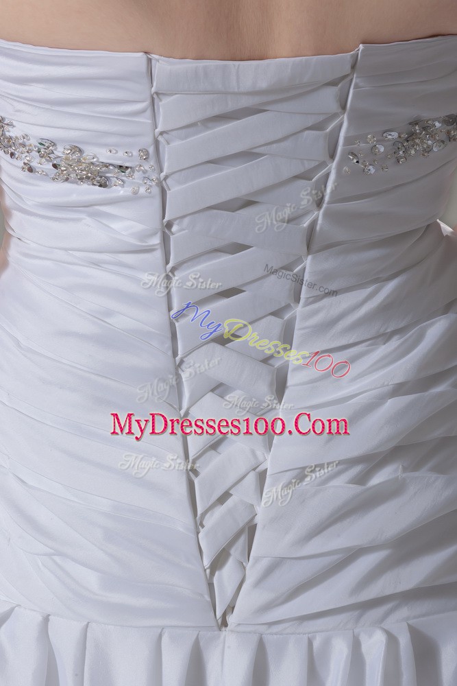 Sleeveless Taffeta Brush Train Lace Up Wedding Dresses in White with Beading and Pick Ups