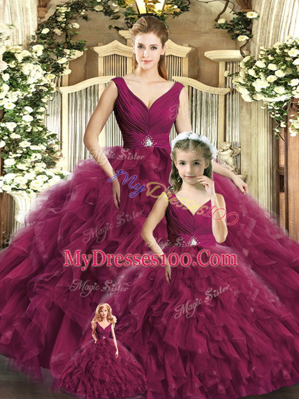 New Style Burgundy Backless Quince Ball Gowns Beading and Ruffles Sleeveless Floor Length