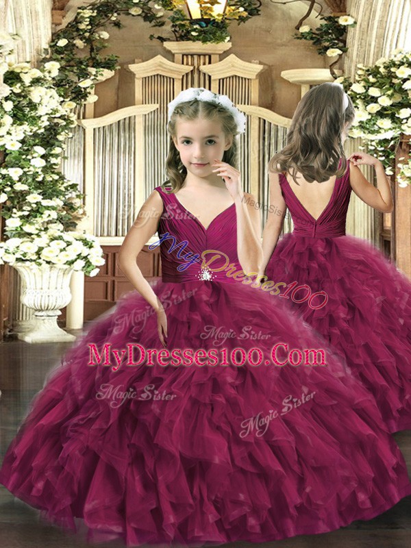 New Style Burgundy Backless Quince Ball Gowns Beading and Ruffles Sleeveless Floor Length