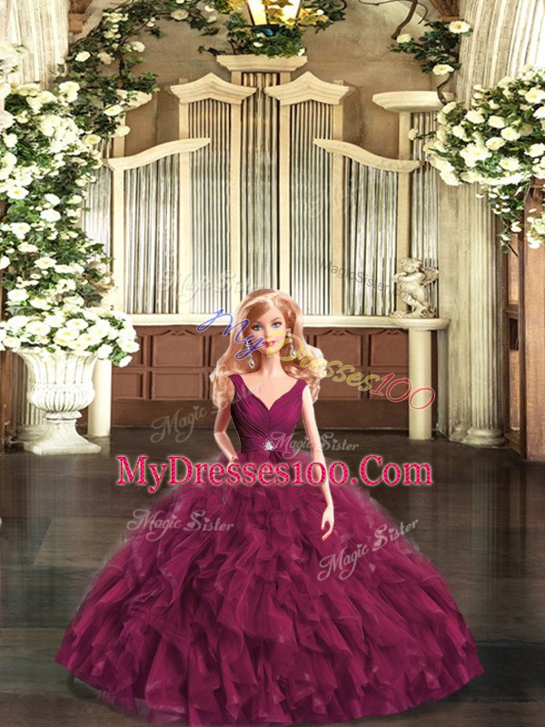 New Style Burgundy Backless Quince Ball Gowns Beading and Ruffles Sleeveless Floor Length
