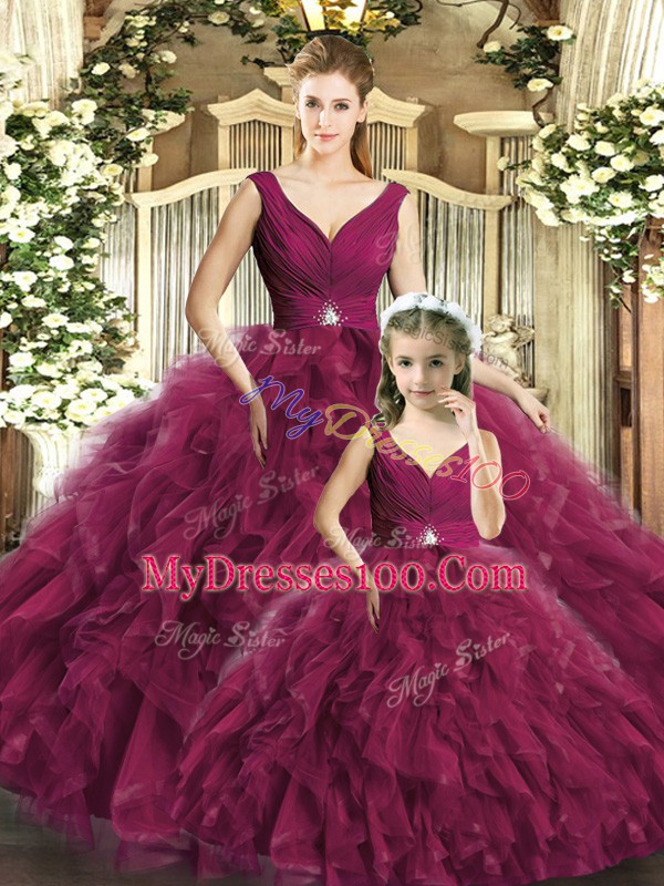 New Style Burgundy Backless Quince Ball Gowns Beading and Ruffles Sleeveless Floor Length