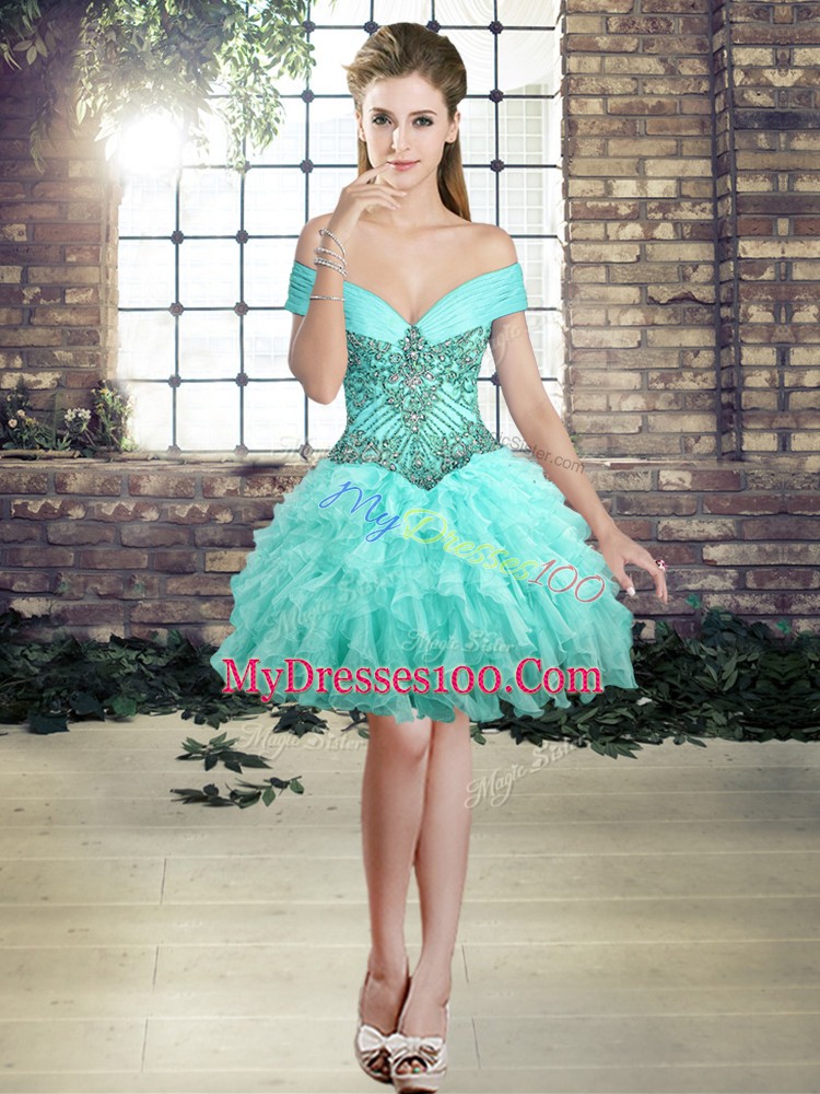 Ball Gowns Homecoming Dress Aqua Blue Off The Shoulder Organza Sleeveless Mini Length Lace Up