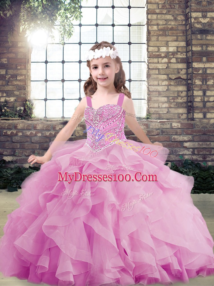 Lilac Ball Gowns Beading and Ruffles Little Girls Pageant Dress Wholesale Lace Up Tulle Sleeveless Floor Length