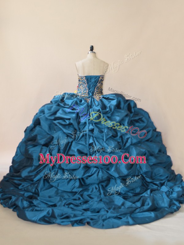 High Class Blue Sleeveless Beading and Pick Ups Lace Up Sweet 16 Dress
