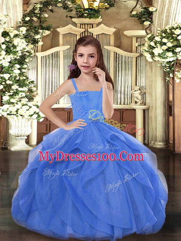 Sleeveless Floor Length Beading Lace Up Little Girl Pageant Gowns with Blue