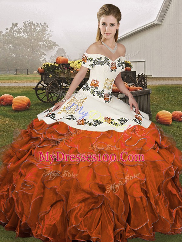 Floor Length Rust Red Quinceanera Dress Organza Sleeveless Embroidery and Ruffles