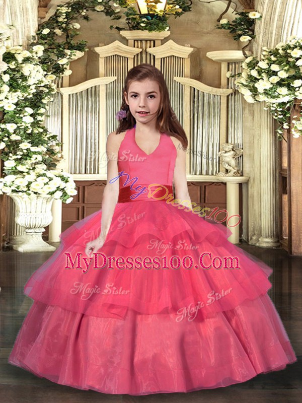 Coral Red Sleeveless Organza Lace Up Little Girls Pageant Gowns for Party and Wedding Party