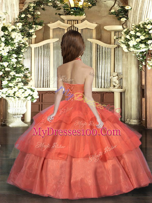 Coral Red Sleeveless Organza Lace Up Little Girls Pageant Gowns for Party and Wedding Party