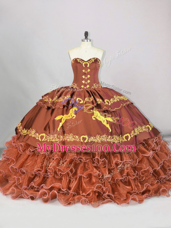 Custom Fit Brown Satin and Organza Lace Up Sweetheart Sleeveless Sweet 16 Quinceanera Dress Brush Train Embroidery and Ruffled Layers