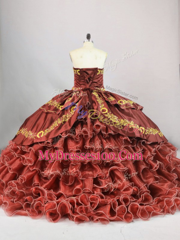 Custom Fit Brown Satin and Organza Lace Up Sweetheart Sleeveless Sweet 16 Quinceanera Dress Brush Train Embroidery and Ruffled Layers