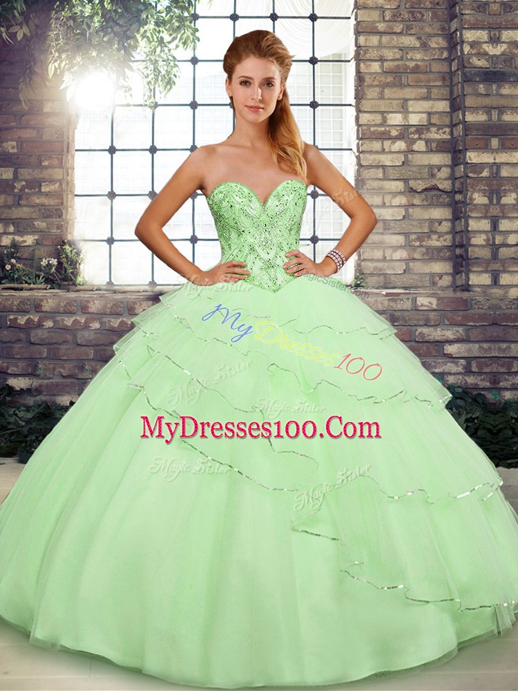 Low Price Yellow Green Vestidos de Quinceanera Military Ball and Sweet 16 and Quinceanera with Beading and Ruffled Layers Sweetheart Sleeveless Brush Train Lace Up