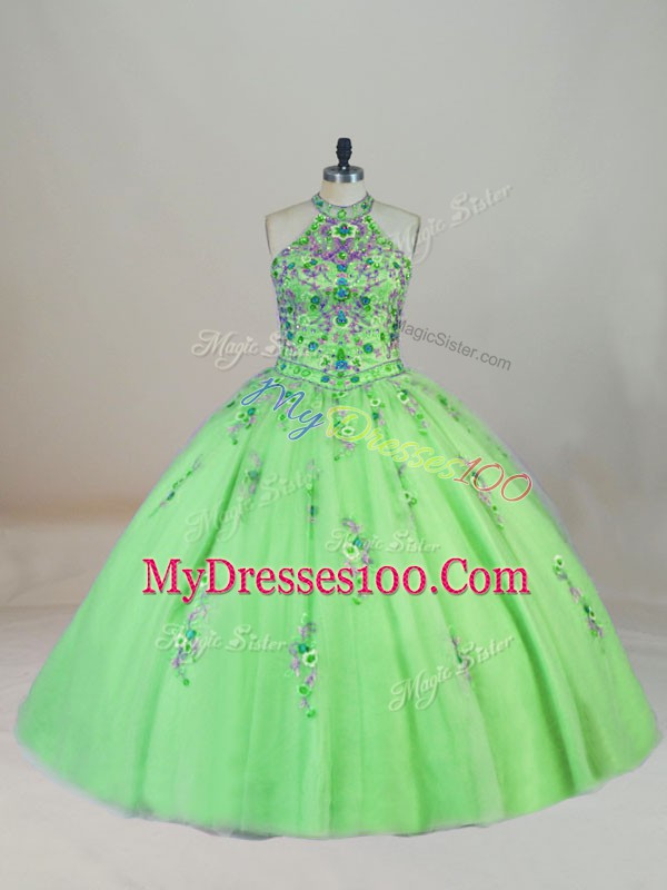 Popular Brush Train Ball Gowns Sweet 16 Dress Halter Top Tulle Sleeveless Lace Up