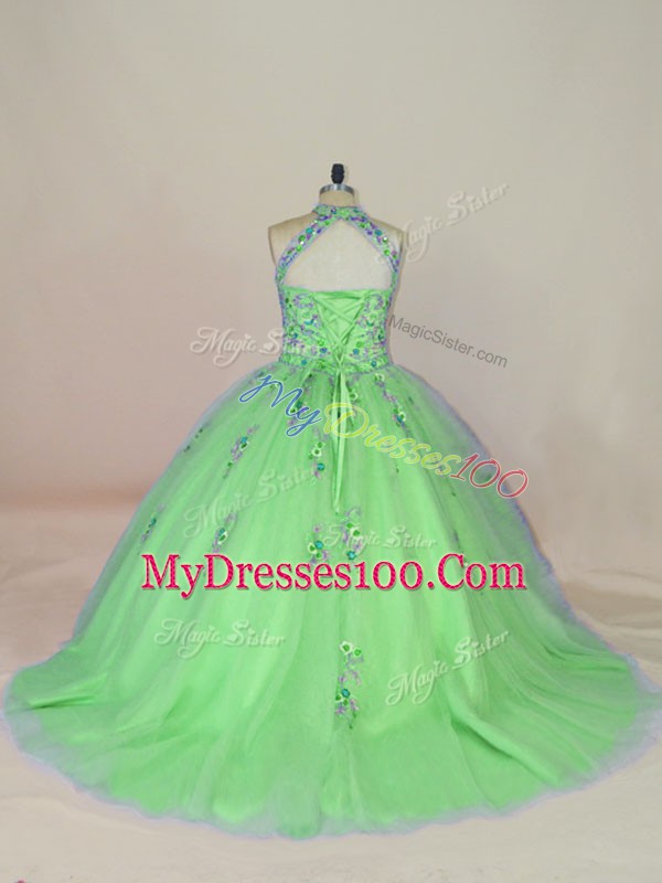 Popular Brush Train Ball Gowns Sweet 16 Dress Halter Top Tulle Sleeveless Lace Up